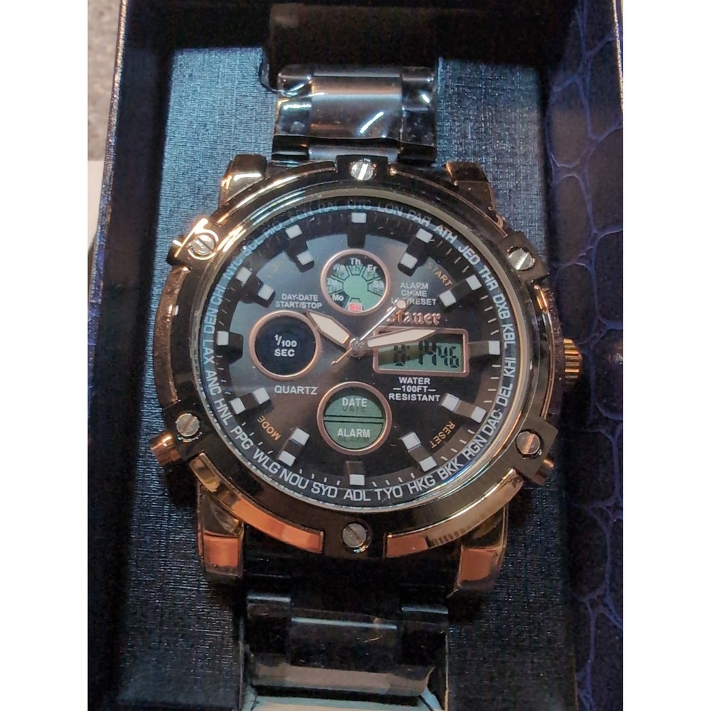 Stauer Quartz Digital Analog Black Rose Gold Tone Mens Wristwatch w/Box Chrono‎